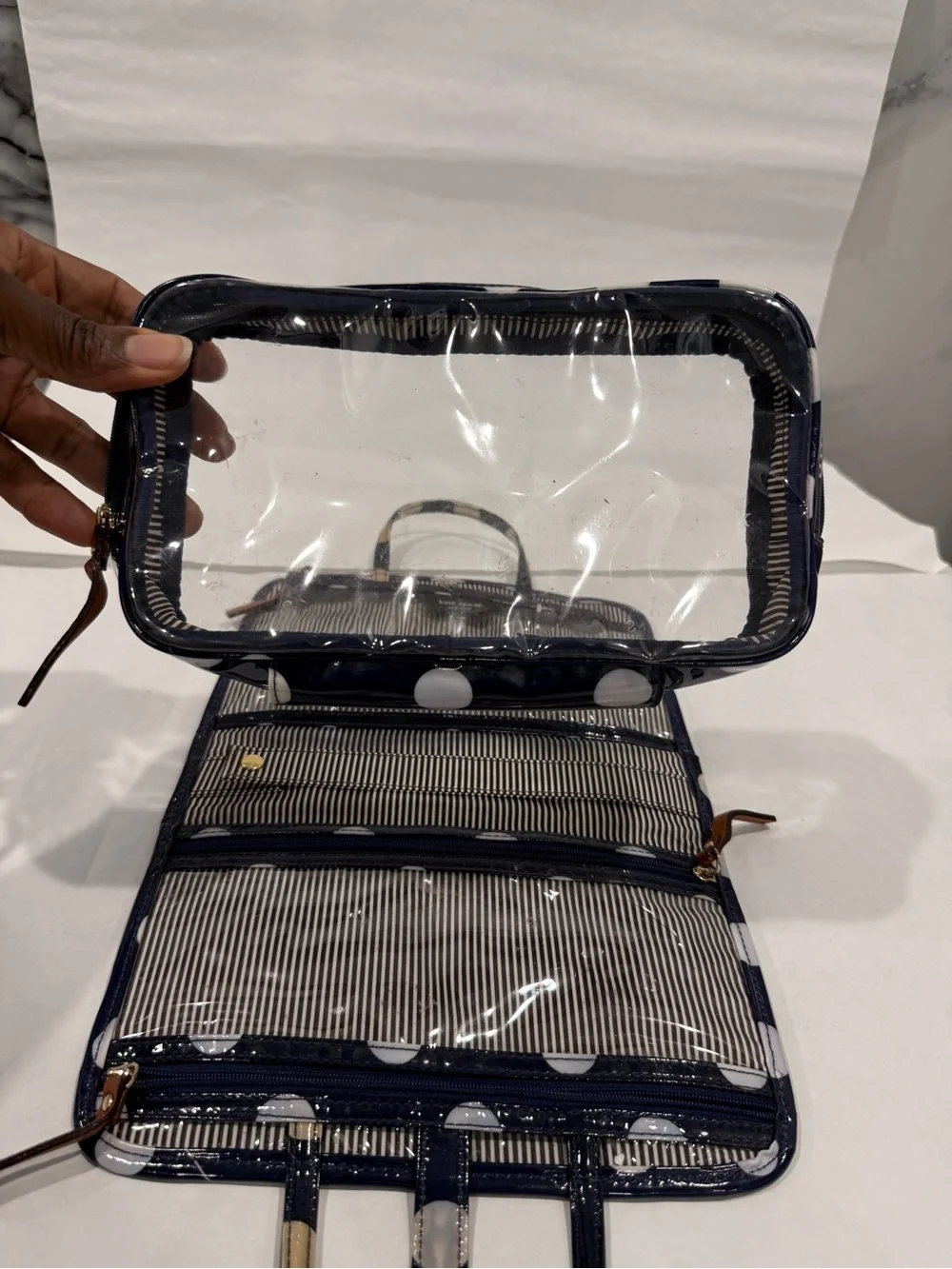 Kate Spade Le Pavillion Manuela Cosmetic Case in Navy Blue and White Polka Dot